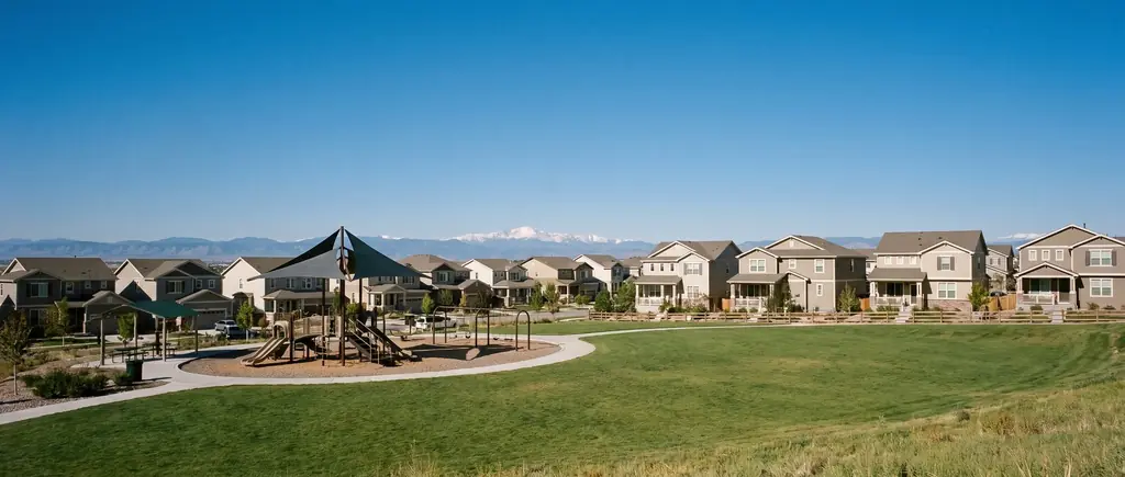 A suburban Aurora park with the Rocky Mountains on the western horizon