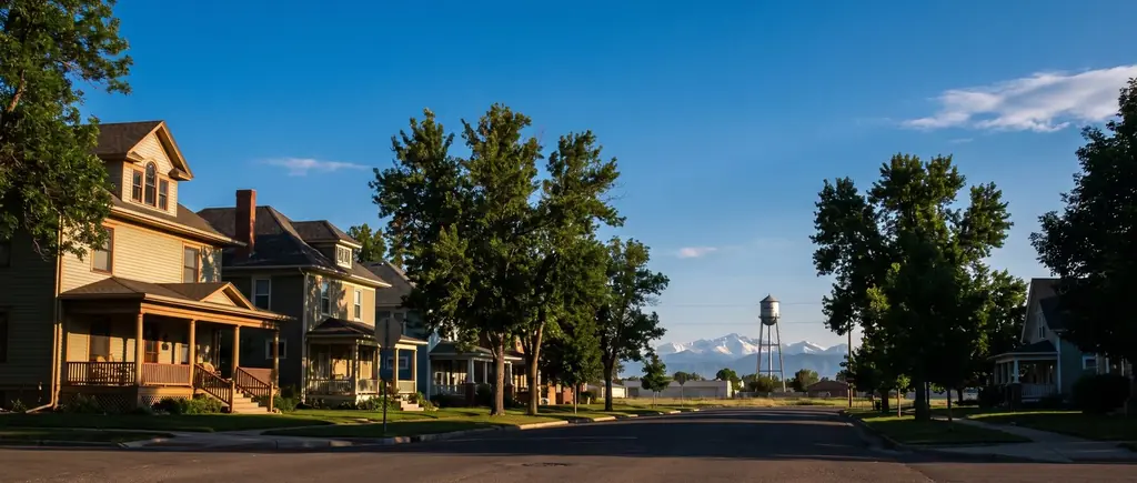 A tree-lined Greeley street with early 1900s homes and wide porches