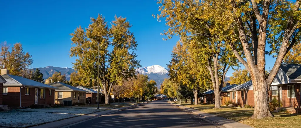 A Longmont street with Longs Peak snow-capped on the horizon