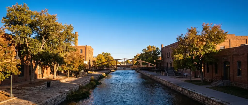 The Pueblo Riverwalk along the Arkansas River at evening