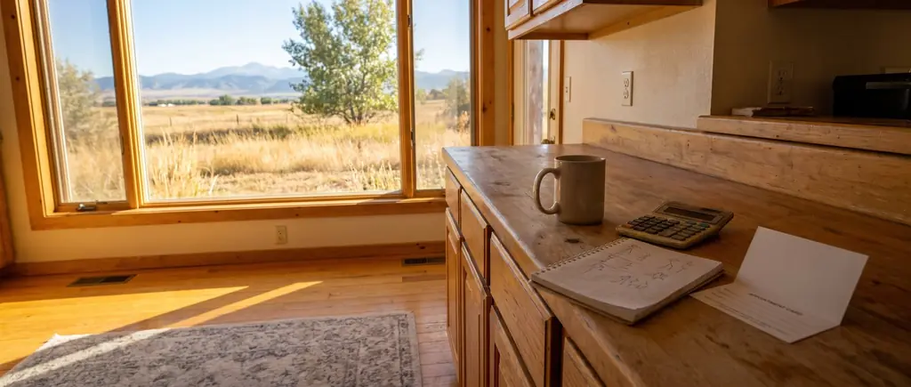 A kitchen counter with a calculator, a notebook and an appointment card