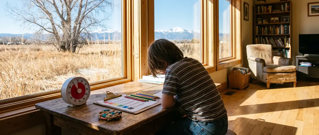 A school-age child at a homework desk with a visual timer