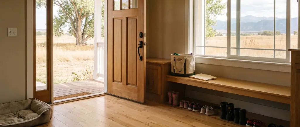 The entryway of a Colorado home with a therapy tote bag on the bench