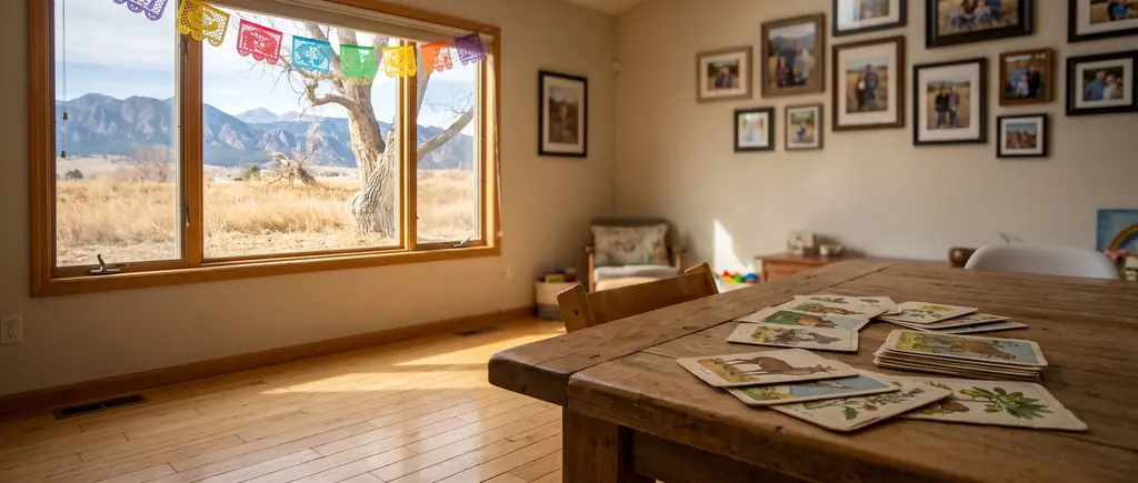 A dining table with bilingual picture cards and a papel picado garland